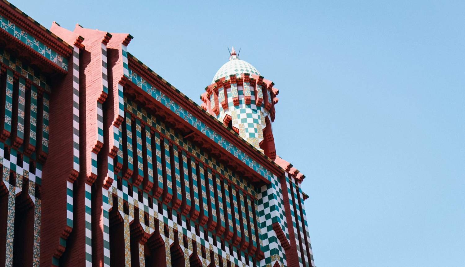 Casa Vicens façade with green and white tiles in Gràcia, Barcelona