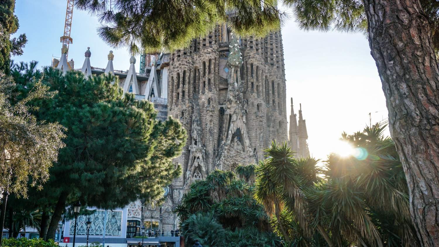 Sagrada Família towers seen from the street in Barcelona